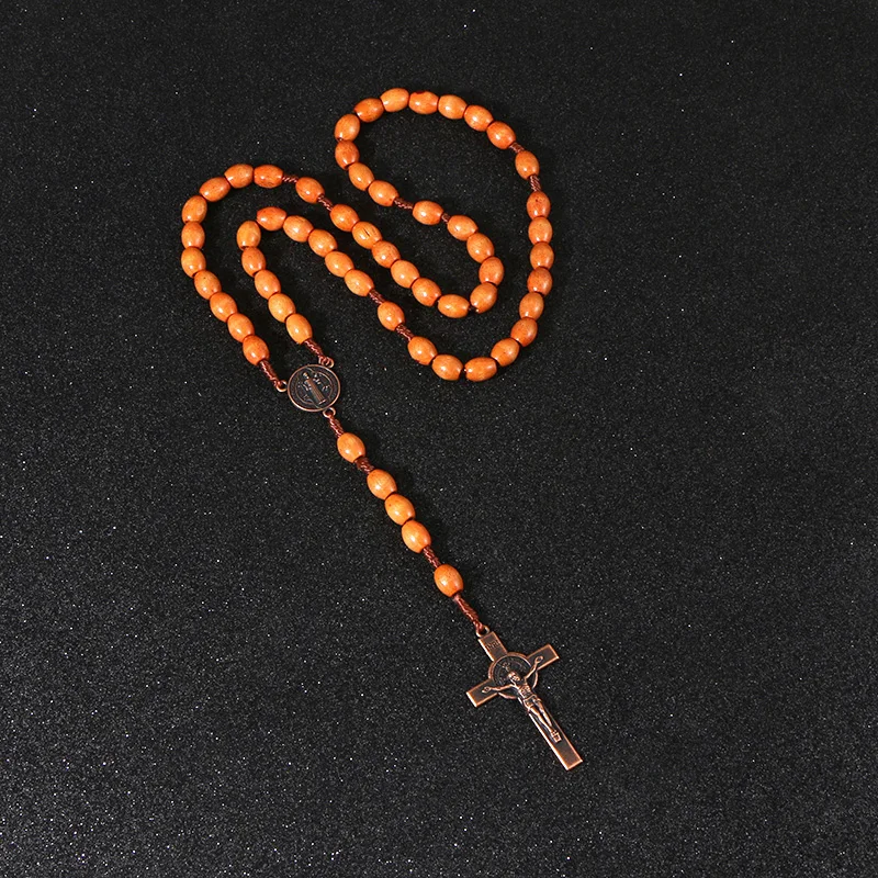 Коми деревянные четки бусы металлический крест кулон длинное ожерелье для женщин мужчин католический Христос религиозная Подвеска "Иисус" ювелирные изделия подарок R-220