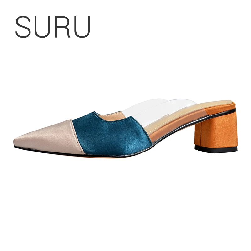 

SURU Elegant Leather & Transparent PVC Patchwork Mules Women Block Heels Pumps
