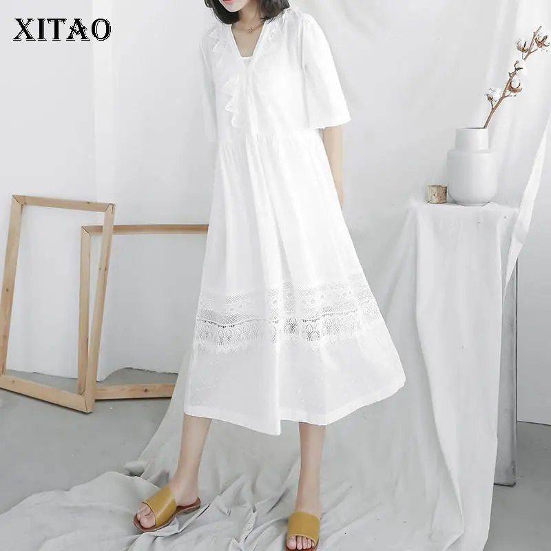 

[XITAO] Korea Summer New 2018 Fashion Women Hollow Out Patchwork Lace Dress Female V-Neck Solid Color Short Sleeve Dress KZH2361