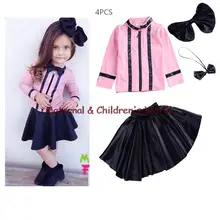 2016 New Girls Princess Dress + T shirt + Headdress + Tie 4 Pcs Set 3-10 Age Layered Tutu Dress Clothing Sets Children’s Suits