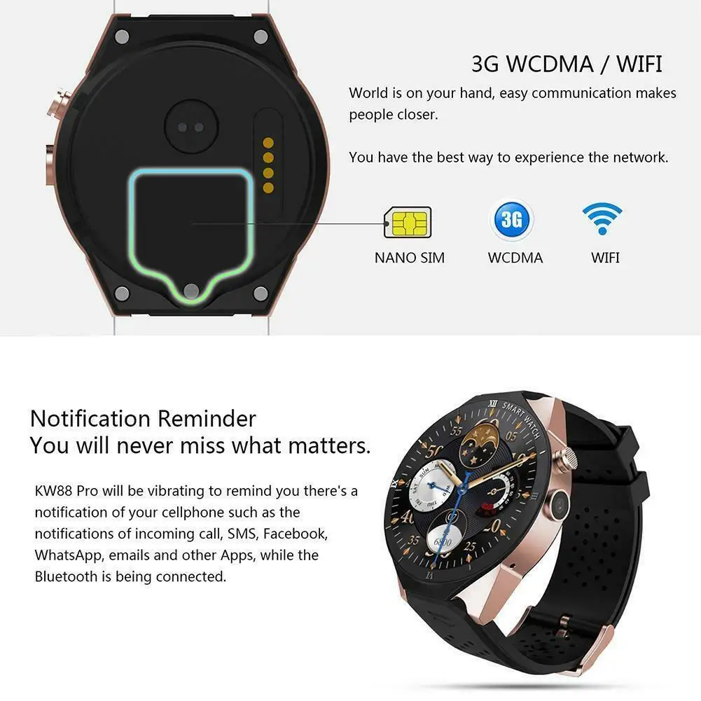 3G WCDMA Smart Watch Android 7.0 Smartwatch MTK6580 Quad Core 1GB 16GB 400*400 Resolution Bluetooth WIFI 2MP Camera