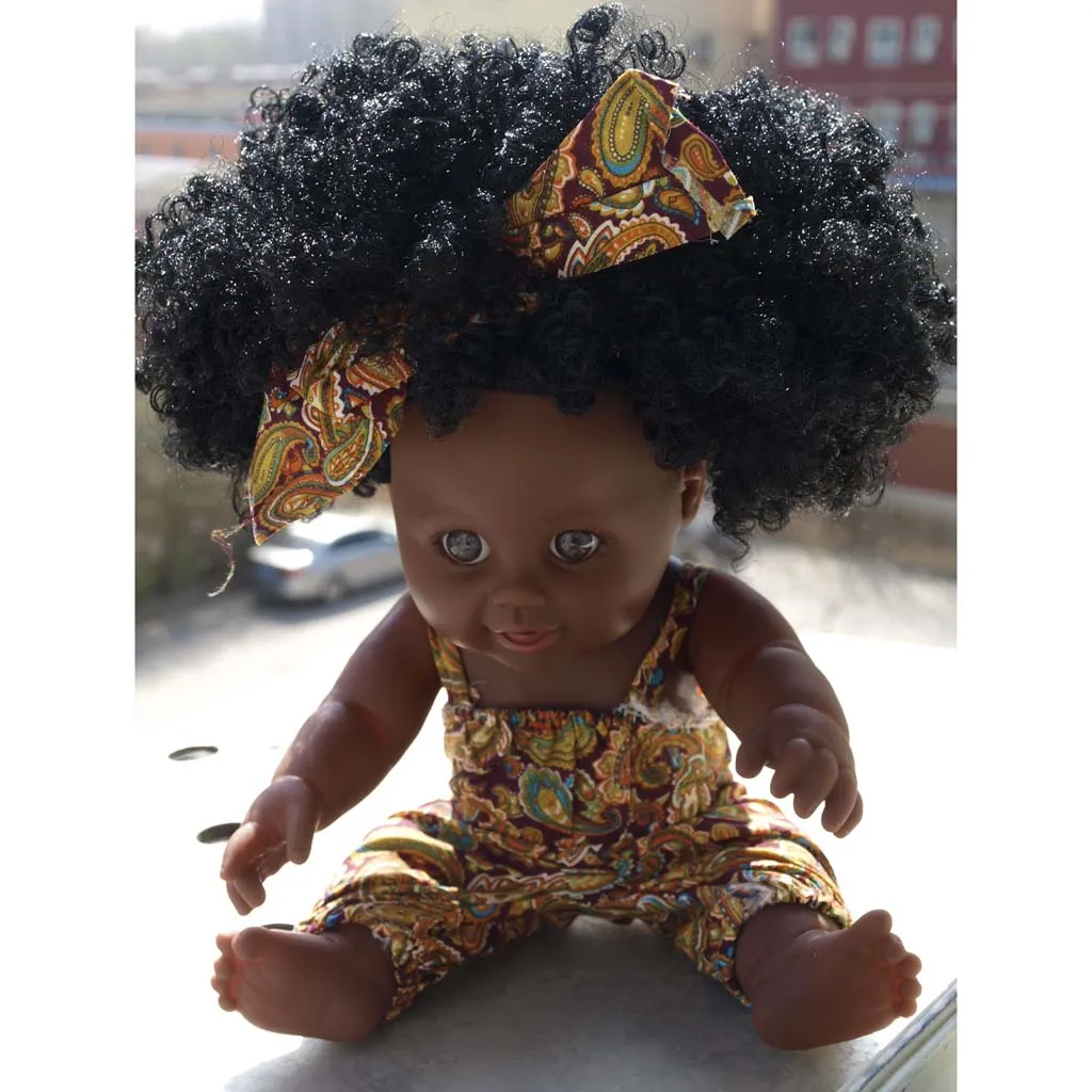 Huggable 12inch African American Baby Girl Doll Vinyl Newborn Doll Toddler with Overalls Clothes Children Sleeping Toy