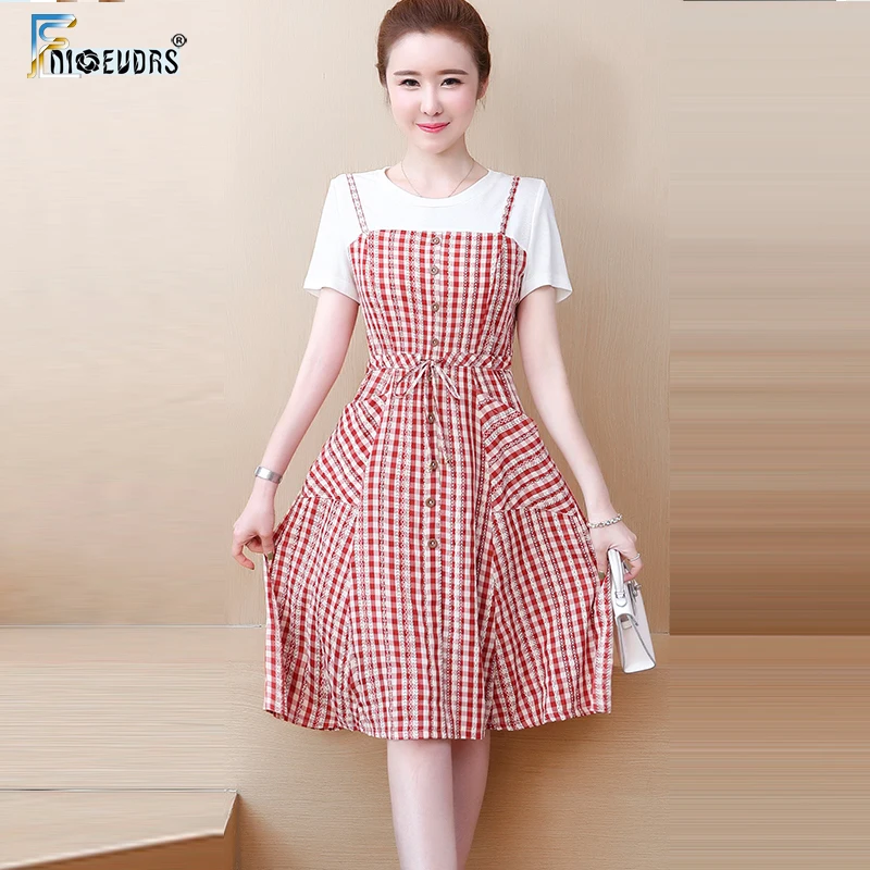 

Red Plaid Dress Woman Fashion Summer Short Sleeve Cute Sweet Slim Waist Bow Tie Shirt Dress Faux Two Piece 4XL 3XL J026