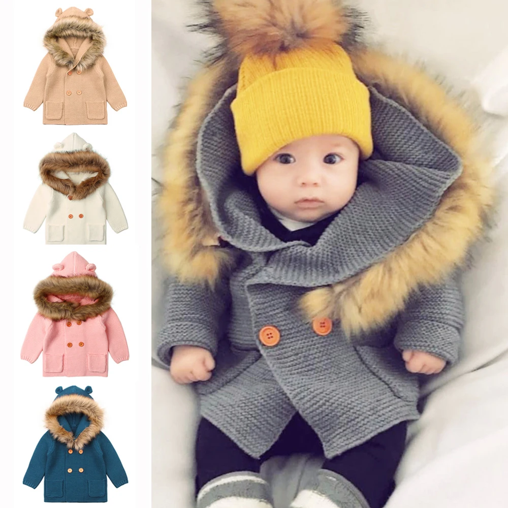 Hot Baby Boy Winter Knitting Cardigan Solid Sweaters Long Sleeve Hooded Coat Jacket Fur Collar Double-breasted Cartoon Ears Coat