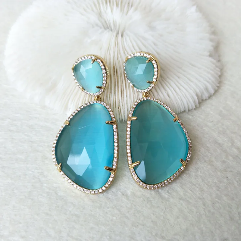 

5 Pairs Cat Eyes' Gem stone Jewelry Drop Opal Stone Earrings Micro Pave CZ Faceted Stone Dangle Earrings For Women Jewelry ER432