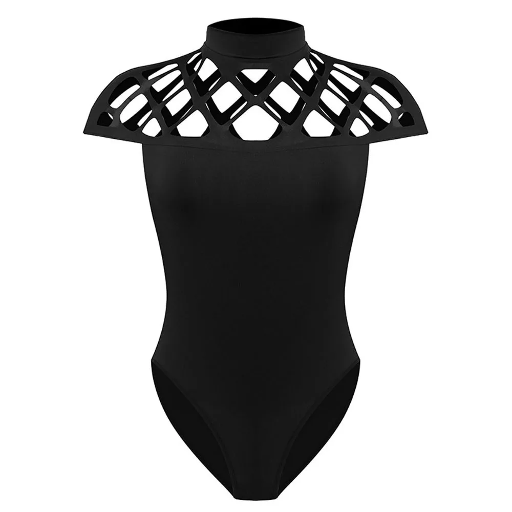 زائد حجم 5XL النساء 2019 المختنق عالية الرقبة الجوف خارج Bodycon محبوس كم قطعة واحدة ارتداءها الإناث قمم combinaison فام الأسود