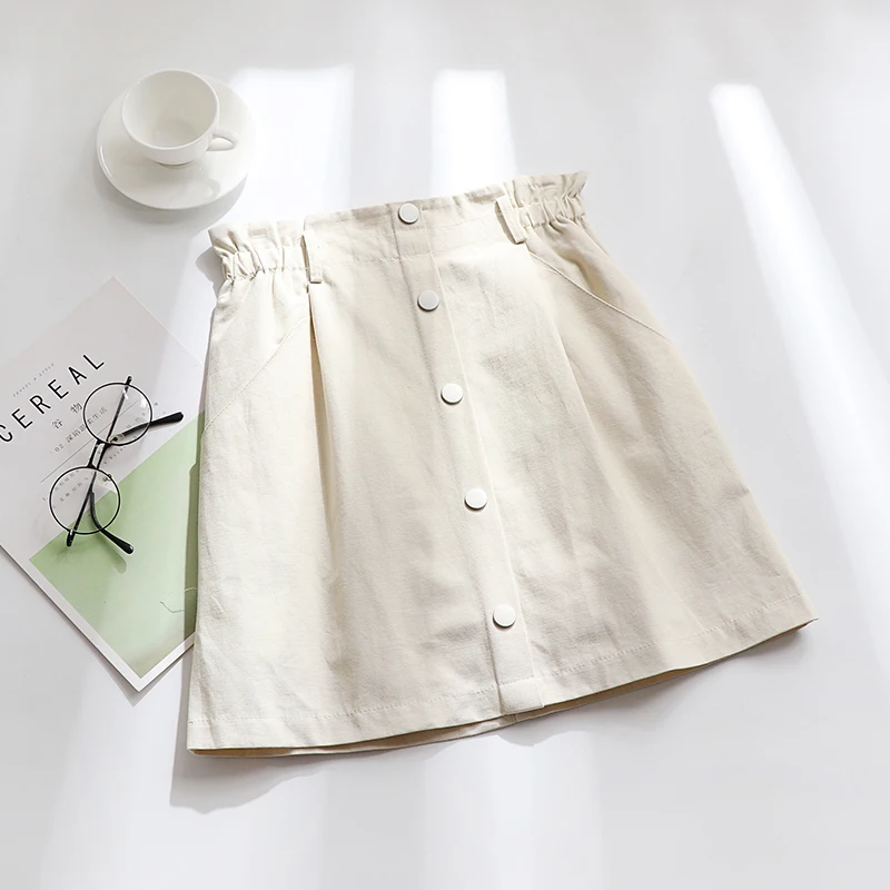 Летняя новая короткая юбка женская длинная юбка из хлопка и льна в гонконгском стиле юбка в стиле ретро с высокой талией огненная юбка - Цвет: Apricot