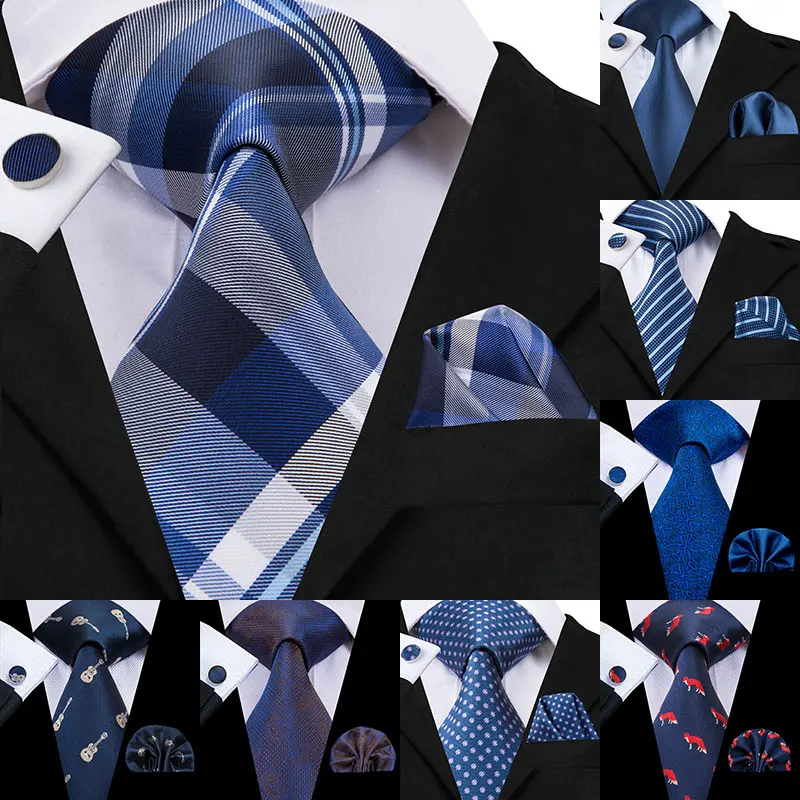 

Hi-Tie Blue Mens Ties 8.5cm Classic Men's Buisness Blue Tie Set Solid Plaid Striped Silk Ties and Handkerchiefs Cufflinks Set
