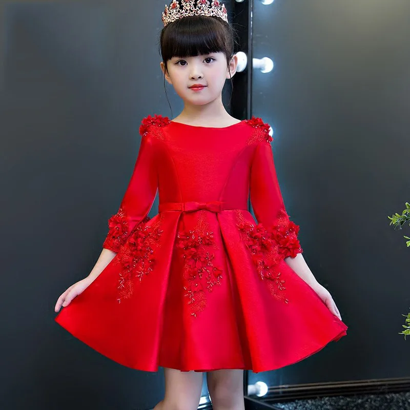 

2-12Y Cute Tutu Princess Dress Red Flower Girl Dresses Appliques Kids Formal Dress Three Quarter Sleeve Prom Dress Party B62