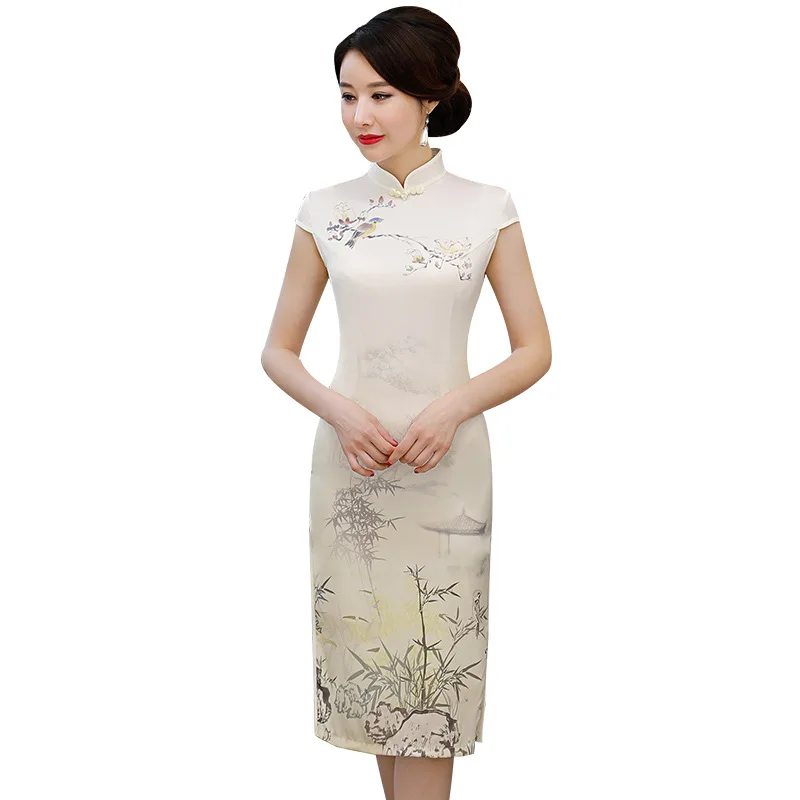 

New Traditional Chinese Women Satin Dress Plus Size M-3XL Vintage Button Qipao Novelty Sexy Print Flower Short Cheongsam