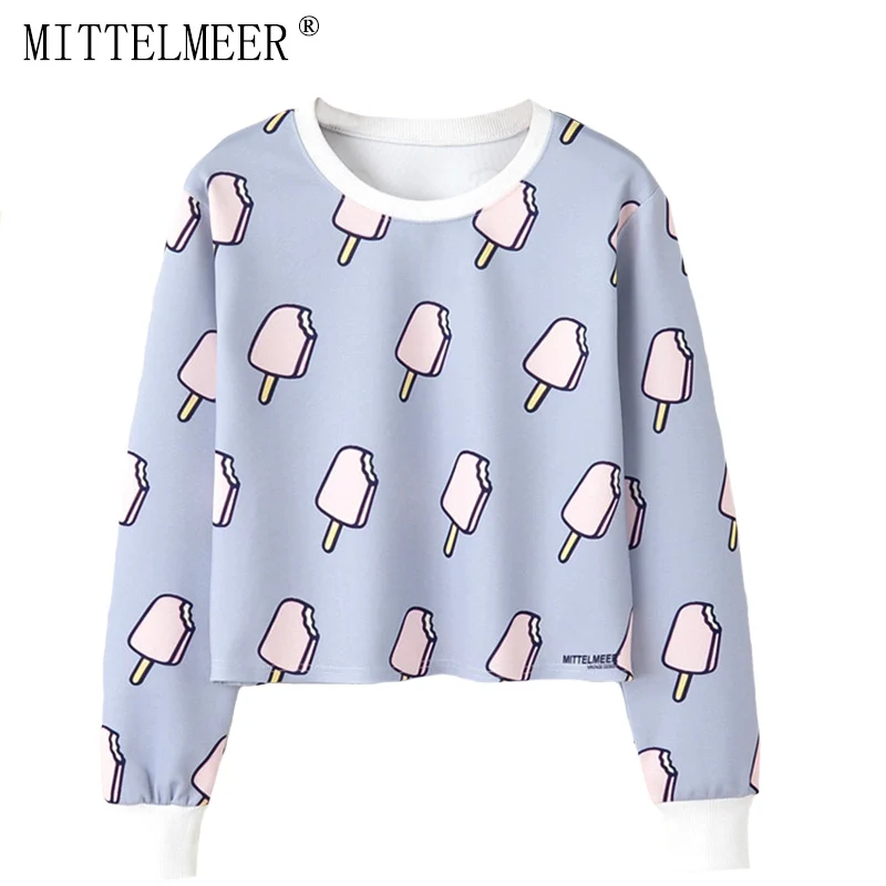 

MITTELMEER Harajuku Sweatshirt Woman girls crop top Cartoon ice cream Animal fruit printing short Sweatshirt Hooded