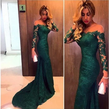 

Verde oscuro De manga larga sirena vestidos De noche 2019 longitud piso elegante Formal vestidos De Arabia Saudita Vestido De F