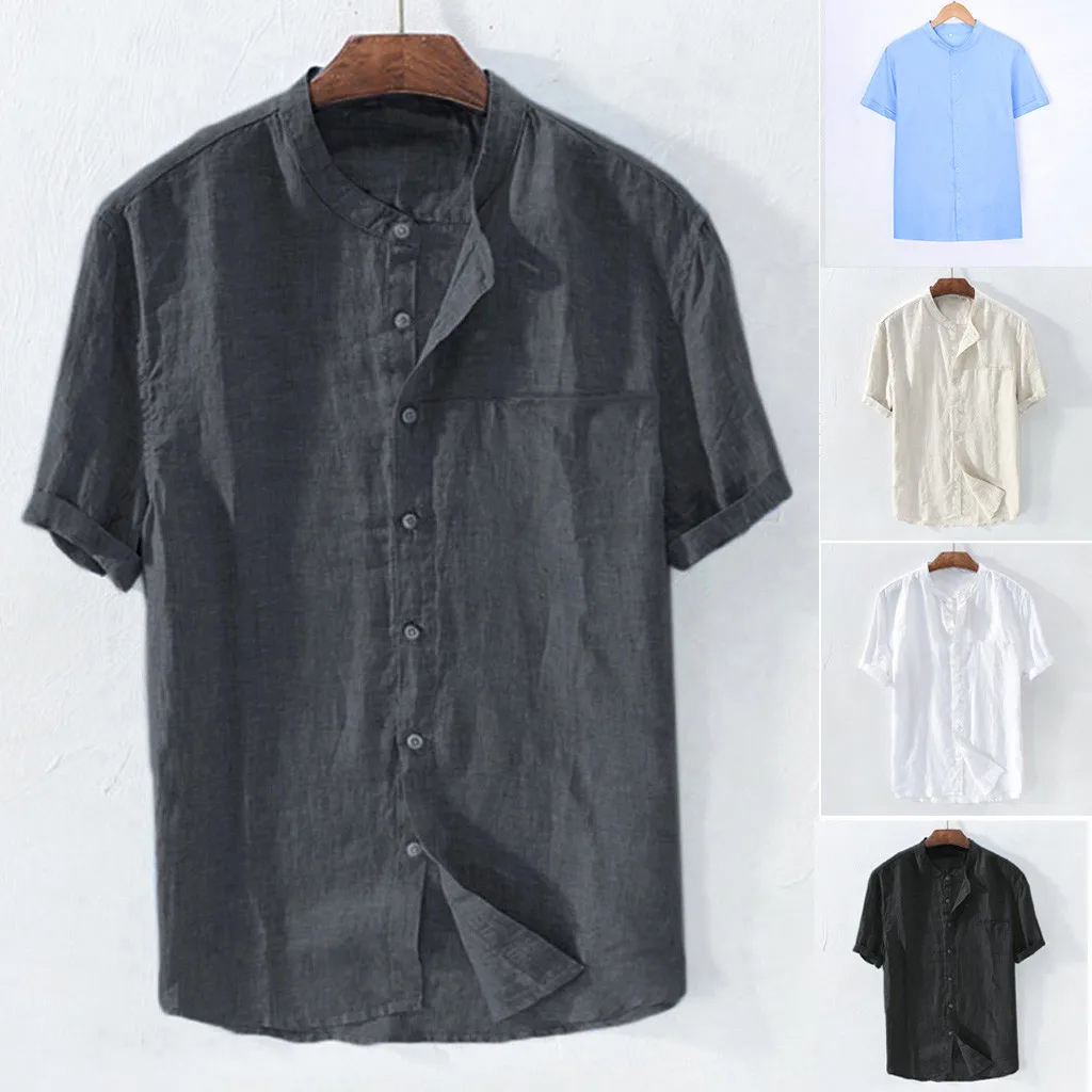 Short Sleeve Shirt Men's Baggy Cotton Linen Solid Color Short Sleeve retro T Shirts Tops Blouse