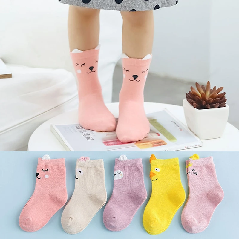 Myudi - 5 Pairs/lot Spring Children Socks Combed Cotton Baby Carton Animal Girl Sock Airy Boys Short Fox Kitty Socks 0-5Y