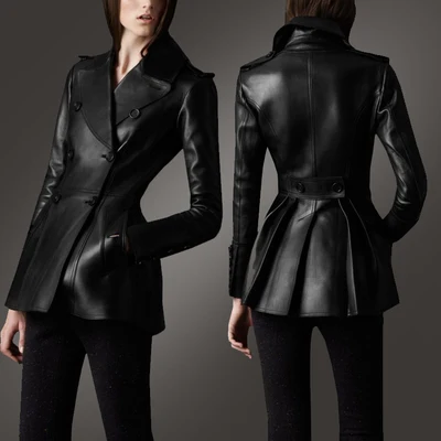 Черная женская кожаная куртка, пальто из овчины, натуральная кожа, мотоциклетная одежда, Женская тонкая юбка, маятниковая Дизайнерская куртка - Цвет: Черный