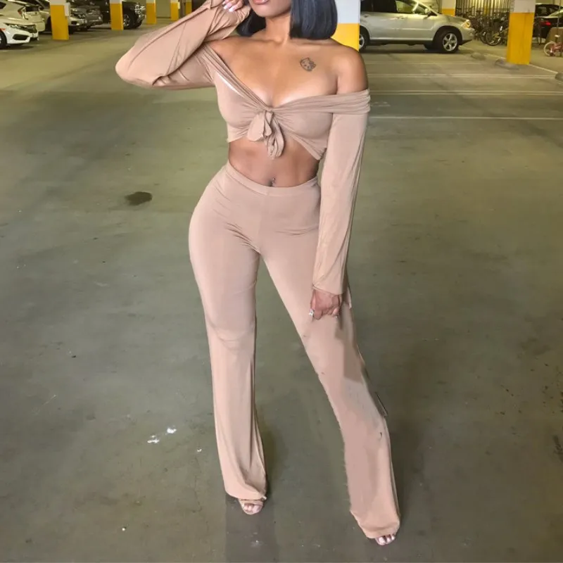 

2pcs Set Women Bodycon Short Top Off Shoulder T Shirt+Pants Loose Long Trousers Clubwear Womens Clothes