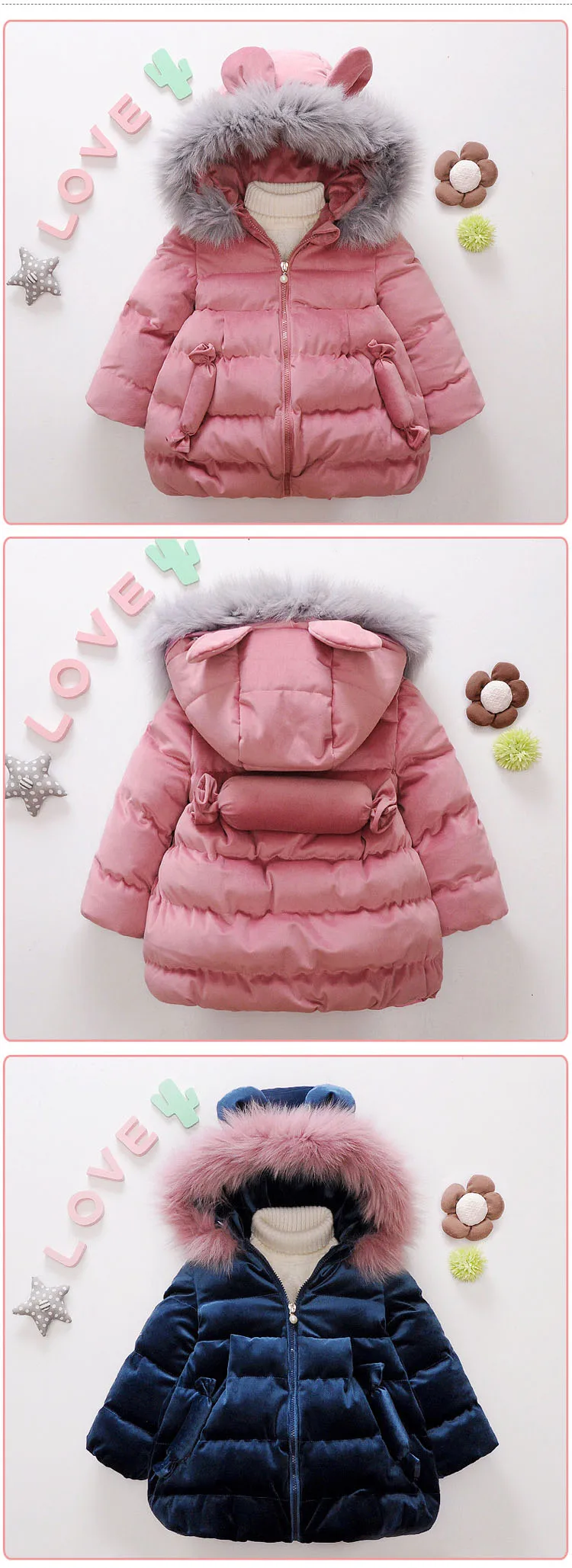 Пальто для девочек Модная хлопковая стеганая куртка детская зимняя zippe Детское пальто уши довольно толстый стеганый меха Куртка с воротником для девочек