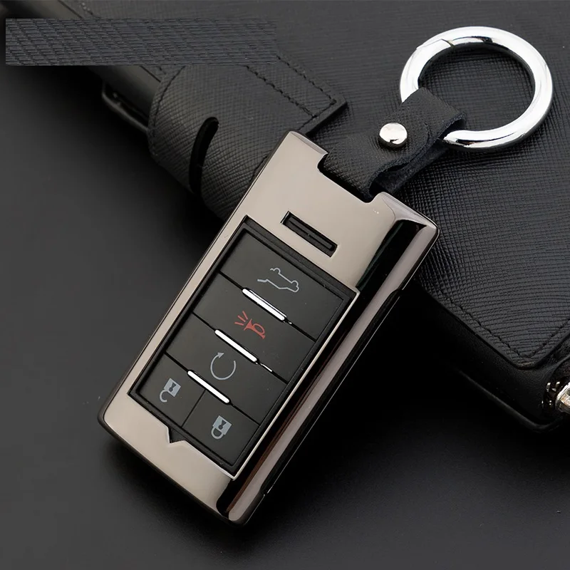 Цинковый сплав+ кожаный чехол для ключа автомобиля s пульт дистанционного управления брелок для Cadillac Escalade SRX XTS ATSL SLS CTS STS ATS BLS чехол для ключа без ключа - Название цвета: Gun Black