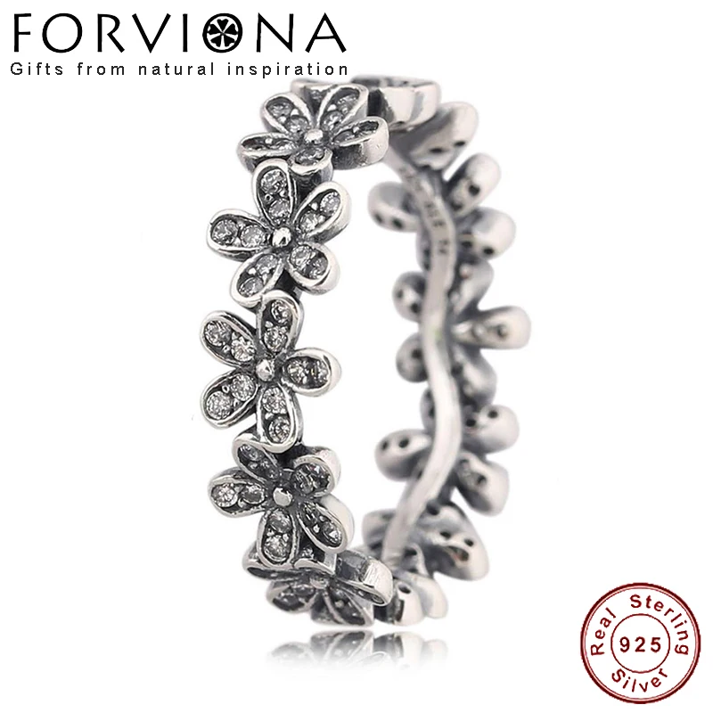 

100% 925 Sterling Silver Flowers Finger Rings Dazzling Daisy Meadow Stackable Ring, Clear CZ For Women Wedding Jewelry