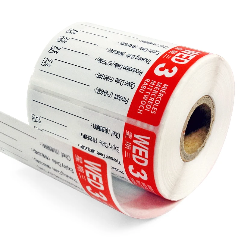 Food Stickers Hotel restaurant noshery fresh drink Date timing manangement label roll, Monday to Sunday, Custom label accetable