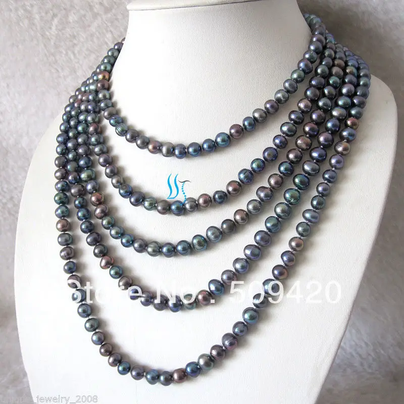 

Free Shipping100" 7-8mm Peacock Freshwater Pearl Strand Necklace Cultured