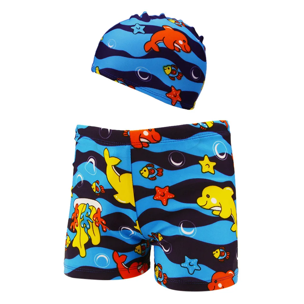 CHAMSGEND/комплект из 2 предметов; Детский Эластичный пляжный купальный костюм для маленьких мальчиков; шорты+ шапка; 19APR1