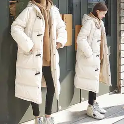 Длинная куртка с роговой пряжкой хлопковое Стеганое пальто для женщин зима студент капюшоном Теплый пуховик услуги куртка для беременной