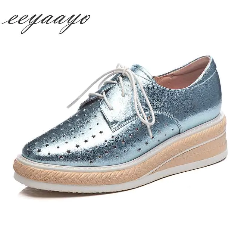 

2019 New Genuine Leather Summer Women Pumps Middle Wedge Heel Square Toe Fashion Casual Women Platform Shoes Blue Female Pumps