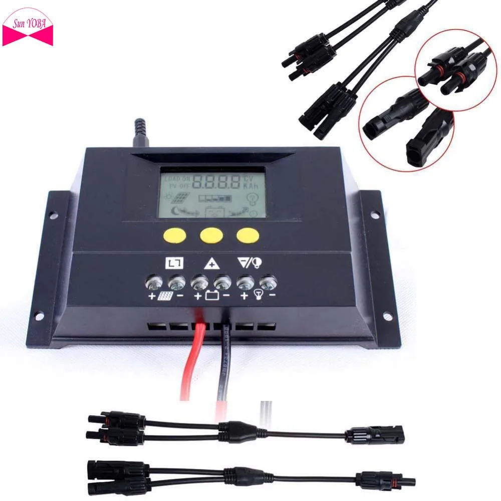 

LED 30A PWM Solar Panel Battery Regulator Charger Controller CM3024Z + 1 Pair Y Type MC4 Solar Panel Male Female Cable