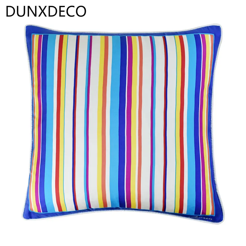 

DUNXDECO Cushion Cover Decorative Pillow Case High Level Luxury Silk Rainbow Stripe Blue Coussin Sofa Chair Bedding Room Decor