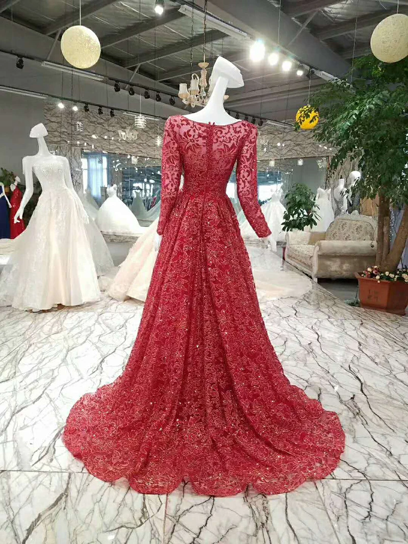 LSX009 Shiny red evening dress long sleeve zipper back A line formal dress vestido longo de festa real photo from china