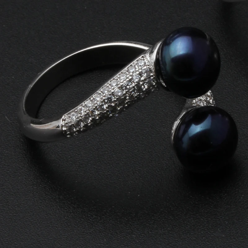 Настоящее 925 пробы Серебряное кольцо с двойным жемчугом для женщин, подарок для дочери, свадебное кольцо с черным жемчугом - Цвет камня: Black