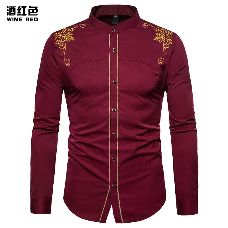 Chemise Homme Весенняя королевская Стильная однотонная рубашка с цветочной вышивкой приталенная Повседневная рубашка с длинным рукавом XXL