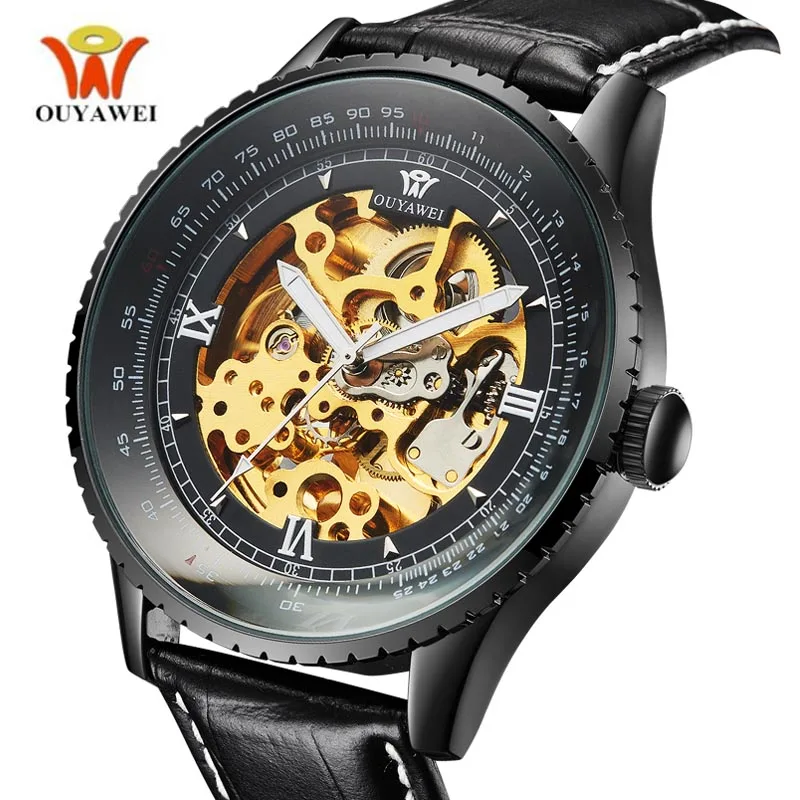 

OUYAWEI Luxury Golden Movement Leather Skeleton Watch Automatic Mechanical Military Army Black Big Watches for Men Clock