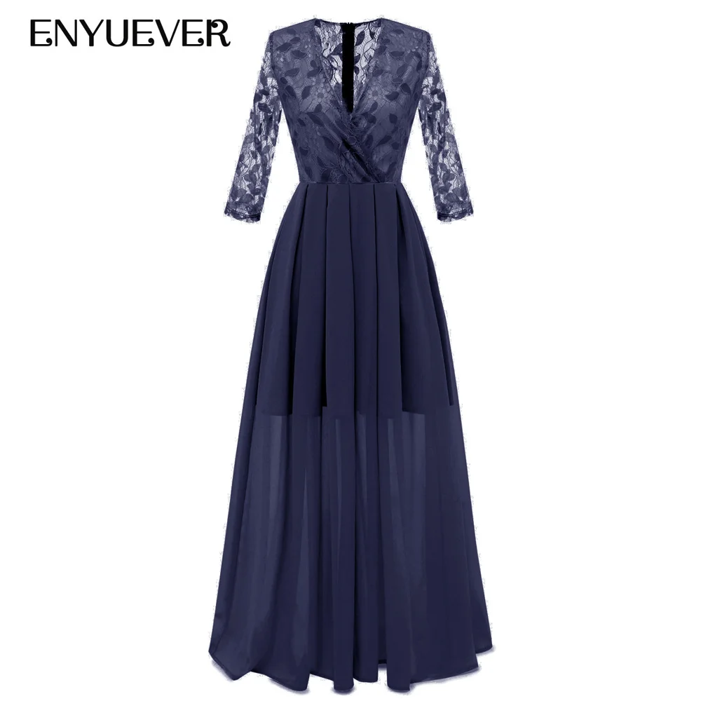 

Enyuever Elegant Ladies Dresses V Neck Sleeve Lace Chiffon Vestido Maxi Long Wedding Party Dresses Women Evening Formal Dress
