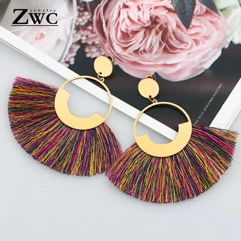 Multicolor 2 ZWC богемные массивные круглые большие серьги с кисточками для женщин, национальные красные черные винтажные длинные серьги ручной работы с бахромой, ювелирные изделия - Metal Color: Multicolor 2