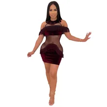 Women Sexy Tassel Mesh See Though Velvet Mini Dress Splicing Party Cold Shoulder O Neck Transparent Bodycon Dress 4colors S-2XL women s graceful jewel neck cold shoulder flounce dress