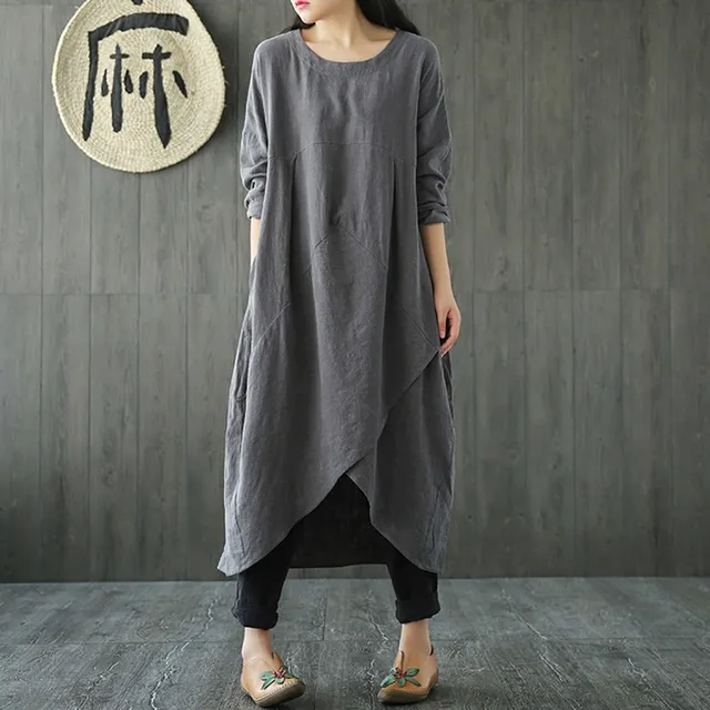 2018 Plus Size Maxi Summer Cotton Linen Elegant Dress For Women Long Sleeve Casual Party Club Dresses Loose Tunic Lady big Dress