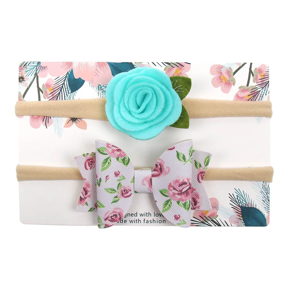 AHB 2Pcs/set Headband for Baby Girls Cute Felt Flower Print Leather Hair Bows Newborn Elastic Head Band Birthday Kids Headwear