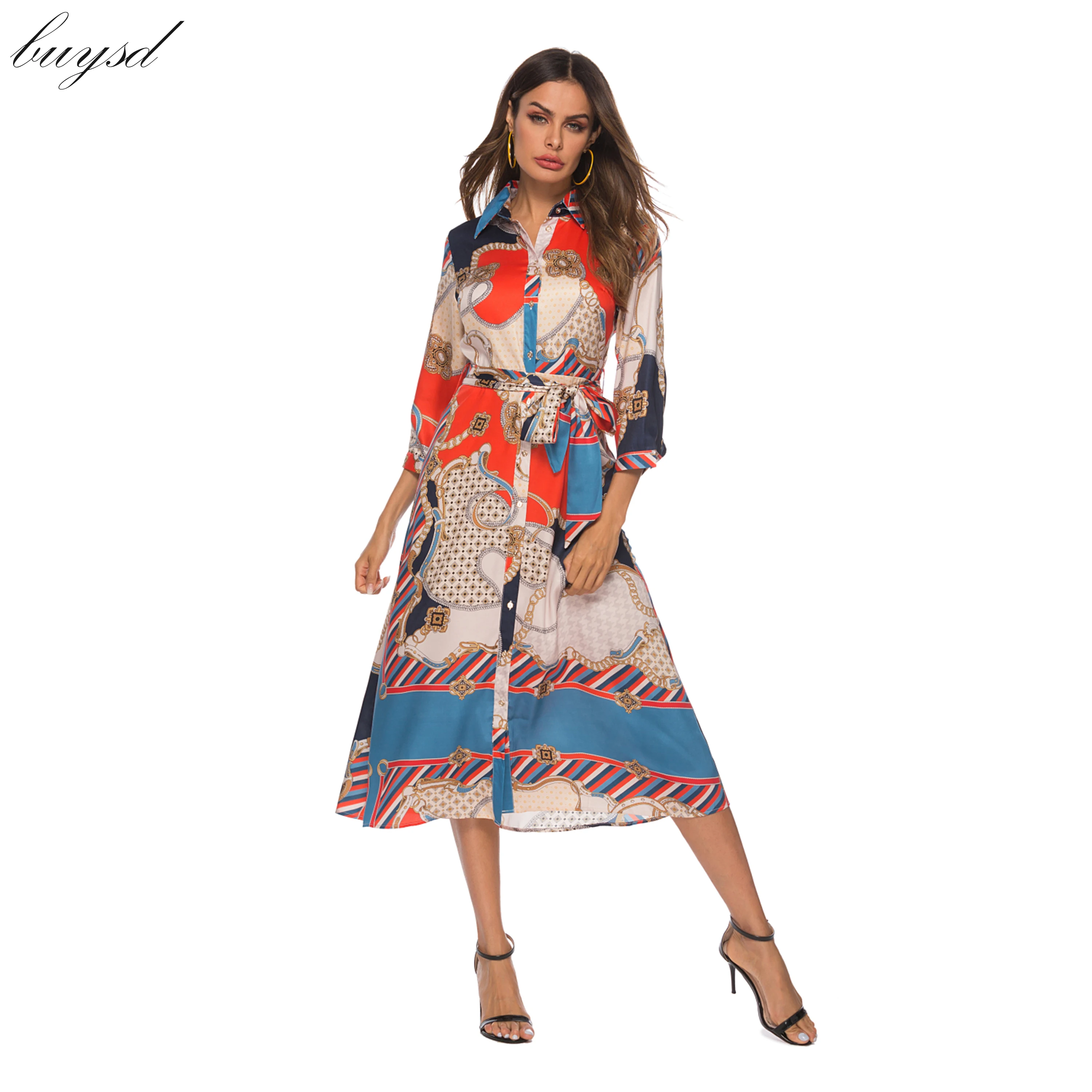 Женское винтажное платье Boho Повседневное на пуговицах с рукавом 3/4 и отложным