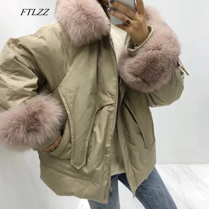  FTLZZ Winter Warm White Duck Down Parkas Women Hooded Large Real Fox Fur Collar Feminino Coat Casua