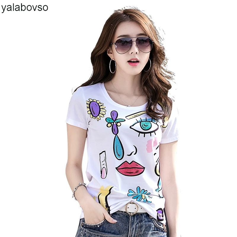 

O Neck blingbling Printin Cotton T shirt for woman 3D Beading Casual Handmade Cotton 2018 Summer Slim Tees Short Sleeve T-shirts
