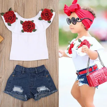 

Fashion 3D Flower Toddler Kids Baby Girls Flower Printed Top & Short Denim Pants Outfits Clothes Children Clothing Set 1-6Y