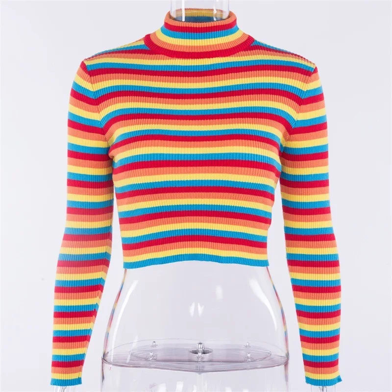 Новинка, женские свитера с высоким воротом, модные вязаные пуловеры радужной расцветки, осенне-зимний свитер, Женский плотный вязаный свитер, уличная одежда - Цвет: Rainbow