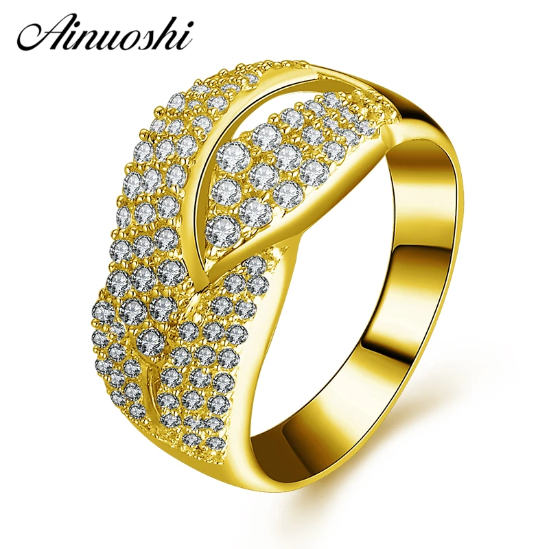 

AINUOSHI 10K Solid Yellow Gold Weaving Ring Shinning CZ Cluster Ring Luxury Bridal Band Bague Wedding Engagement Women Jewelry