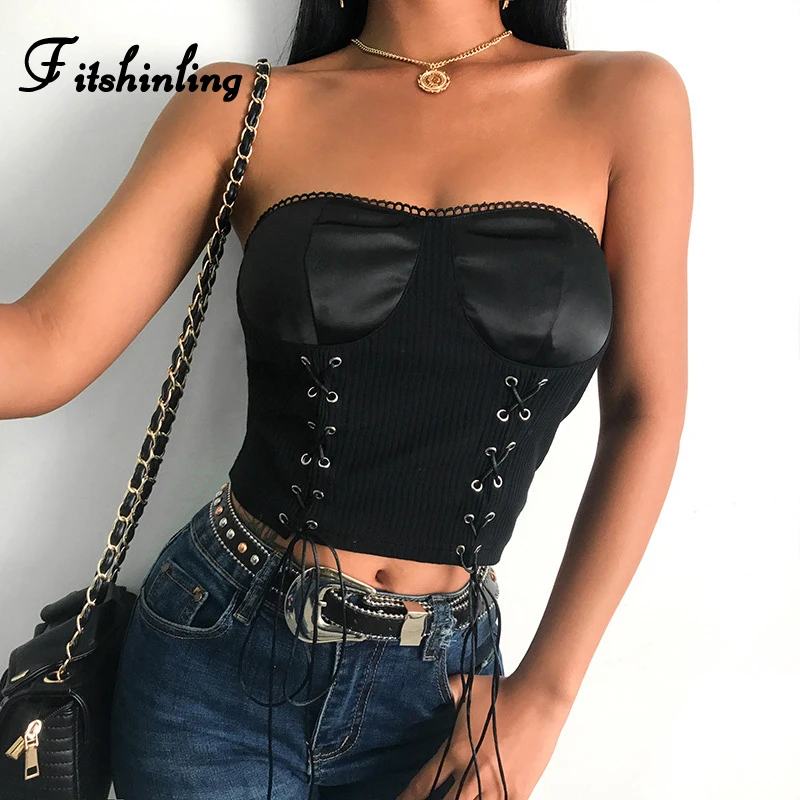 

Fitshinling Lace up patchwork tanks tops strapless sexy hot summer bustier top crop fashion streetwear 2019 women camisole vests
