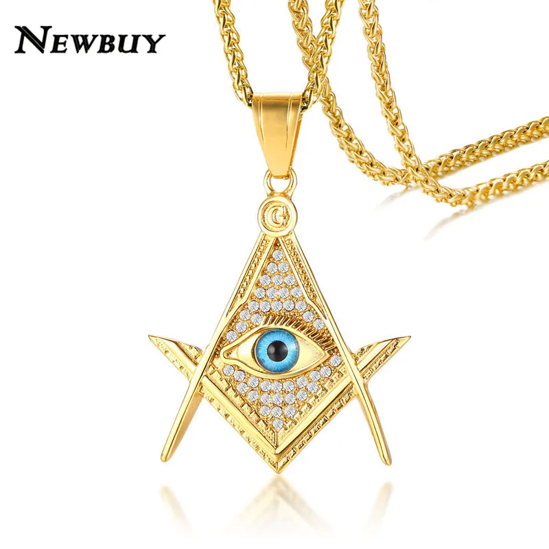 

NEWBUY 2019 New Trendy Punk Style Male Jewelry Gold Color Titanium steel Masonic Evil Eye Pendant Necklace CZ Male Bijoux