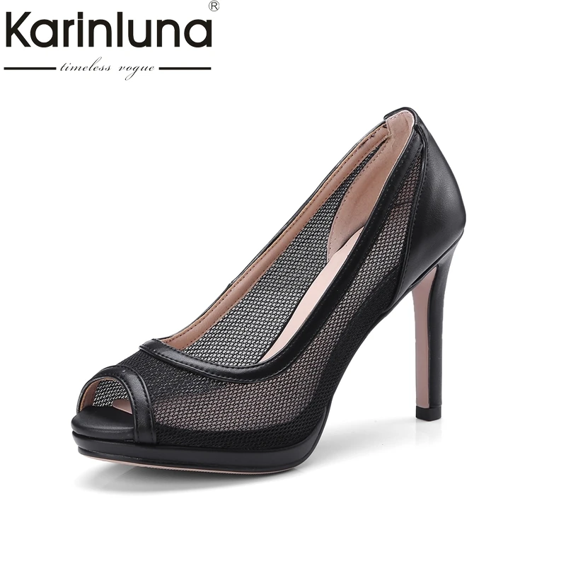 

Karinluna Top Quality Big Size 34-43 Peep Toe Thin High Heels Air Mesh Summer Shoes Women Pumps Sexy Party Shoes Woman