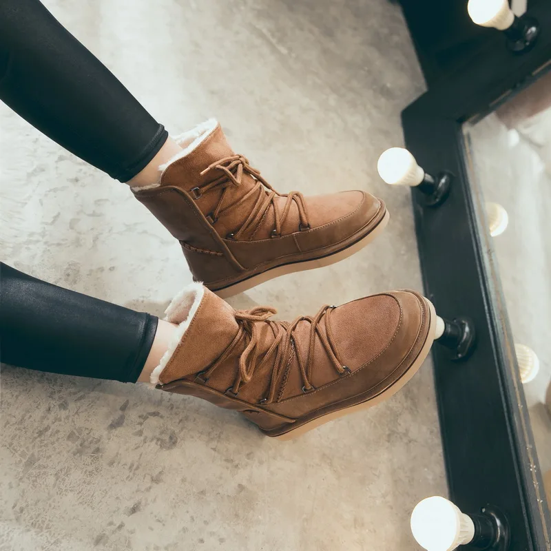 Teahoo/зимние женские ботинки из натуральной кожи; женские ботильоны на плоской подошве со шнуровкой; теплые плюшевые женские зимние ботинки; женская обувь