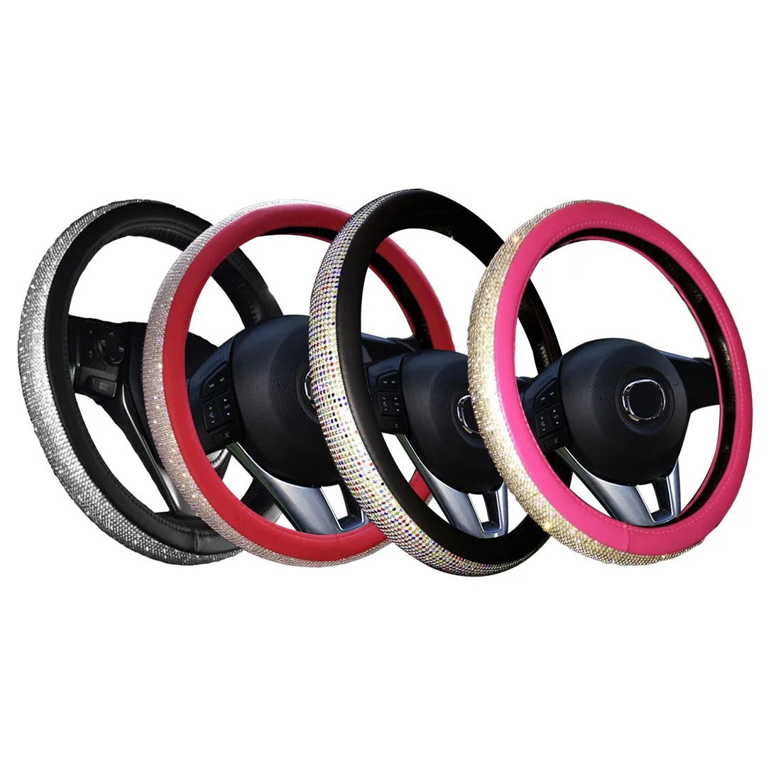 

New Arrival Crystal Rhinestone Car Leather Steering Wheel Covers Cap Steering-Wheel Cover Auto Car For Women Girls